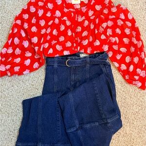 Maeve Anthropologie Red Pink Shell Print Cotton Blouse Large Boho Coastal